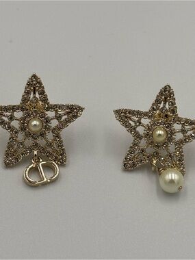 Christian Dior Nuit Etoilee Crystal Star Pearl CD Logo Drop Stud Earrings
